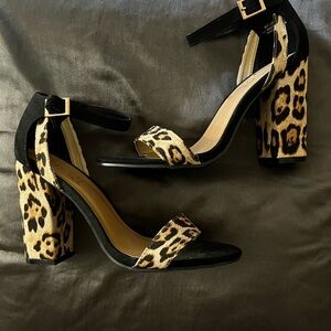 Rouge Helium Leopard Block Heel Sandals - Black & Tan